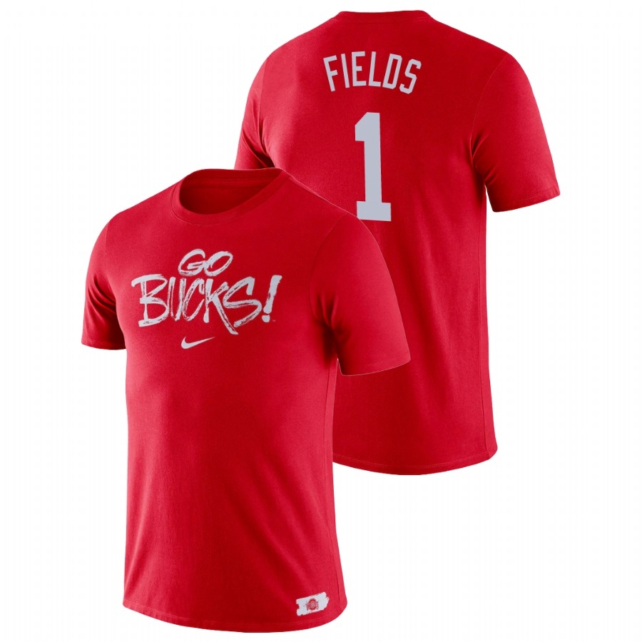 Ohio State Buckeyes Men's NCAA Justin Fields #1 Scarlet Brush Phrase College Football T-Shirt OWK4049PM